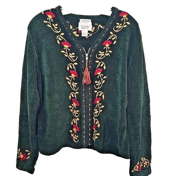 Christopher & Banks Sweaters - Vintage Fall Cardigan Sweater L Green Chenille Embroidered Zip Christopher Banks